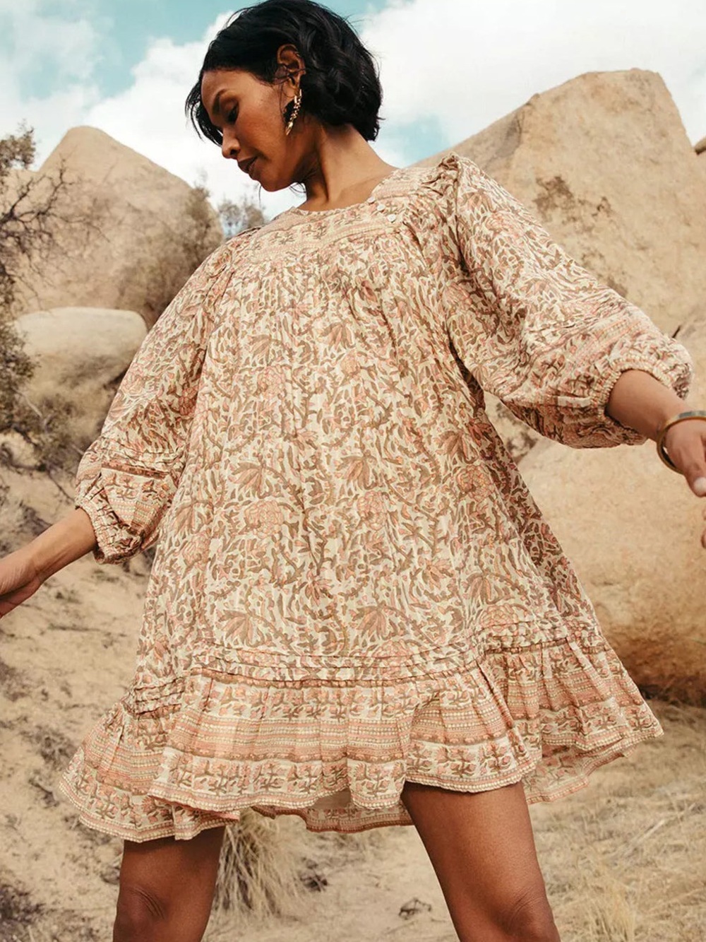 Cleobella Vivian Mini Dress Zinnia Print Brown NWT